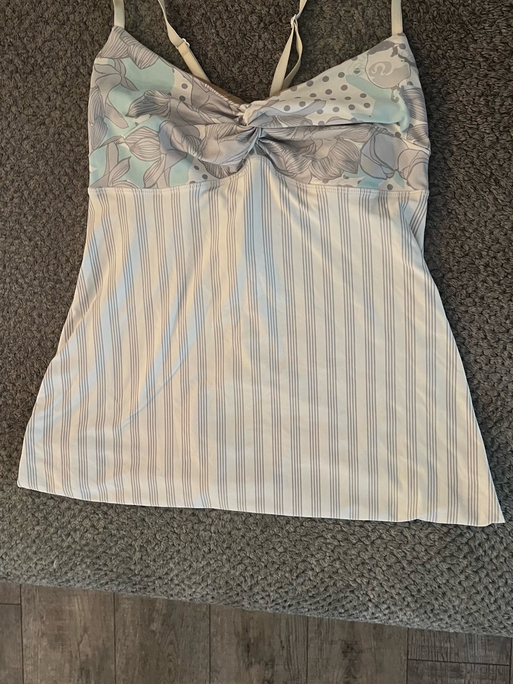 Floral Knot Front Striped LuluLemon Cami Top in Soft Blue and Gray - Picture 2 of 4